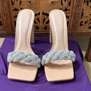 Liliana Nude Braided Crystal Strap Block Heel Sandals